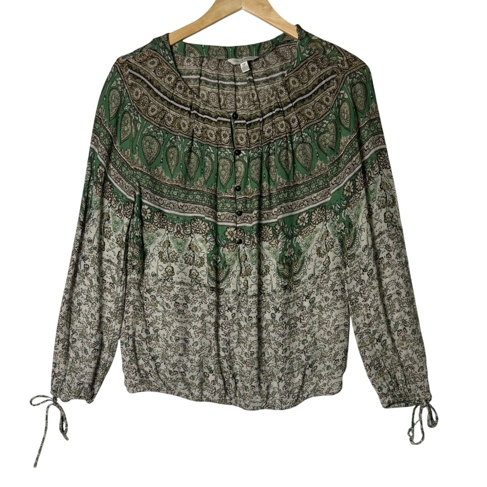 Lucky‎ Brand Green Boho Peasant Top Womens Small Elastic Hem Floral Blouse